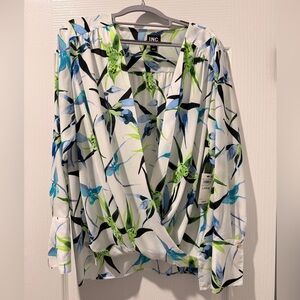 Essentials White Floral Wrap Blouse - Blue & Green Print